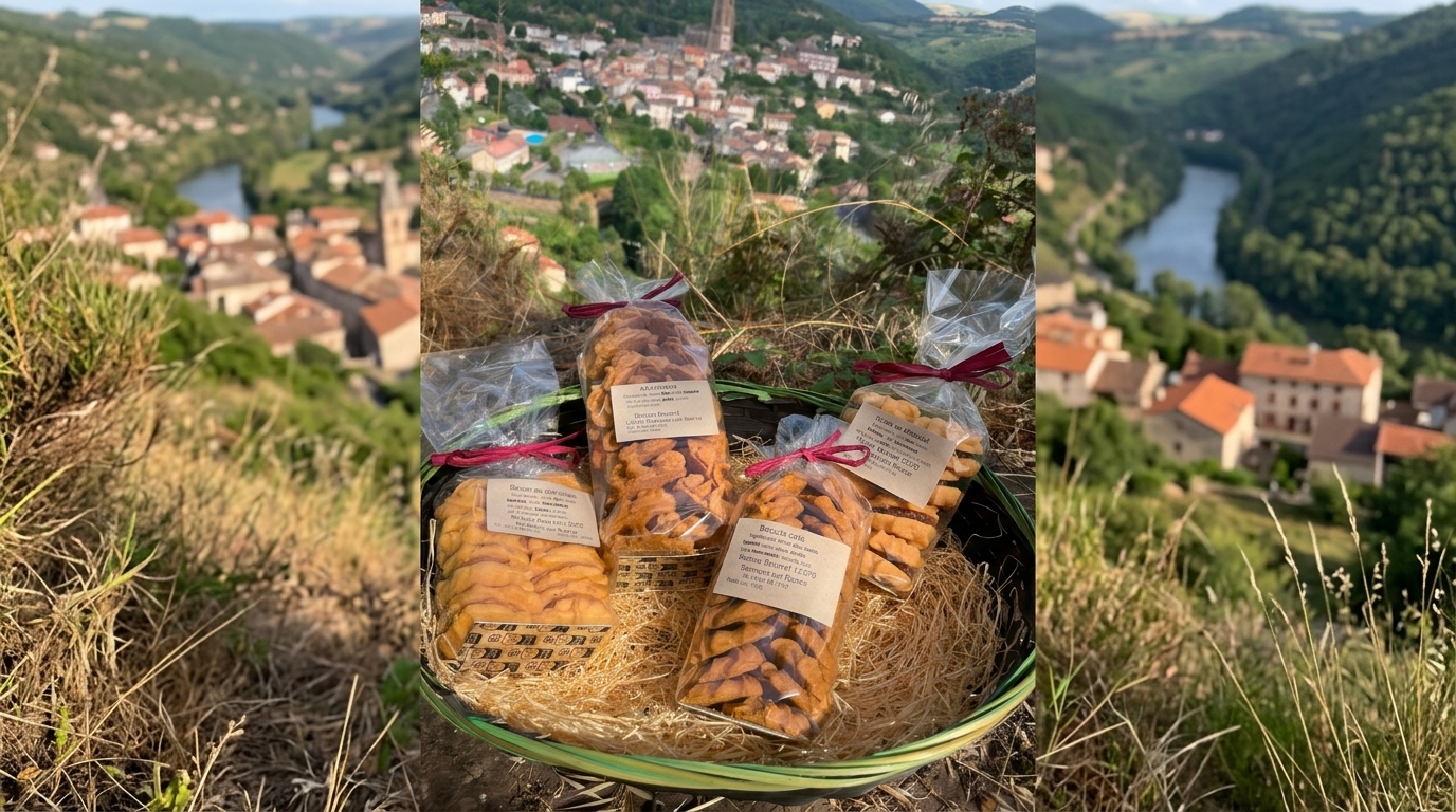 Panier de biscuits Maison Bourrel face à Belmont-sur-Rance